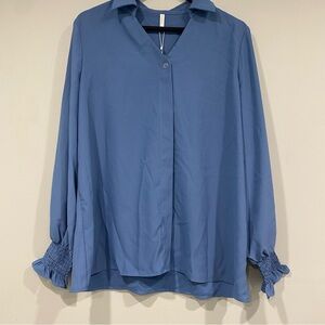 Aodemo Women's Blue Boxy Long Sleeve Blouse with Notched Collar V Neck Size XL
